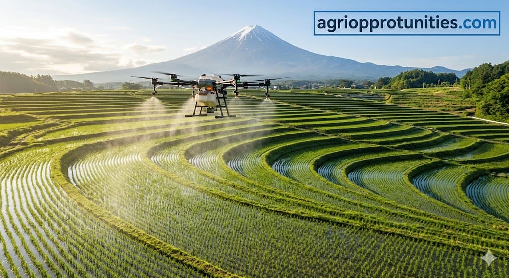 Drone spraying over terraced rice paddies in rural Japan, with Mount Fuji visible in the distance, representing two decades of UAV adoption in Asian agriculture.