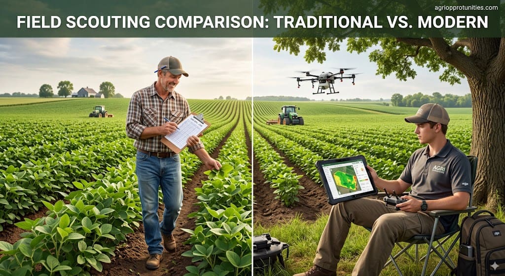 Comparison of crop monitoring methods: left shows a farmer walking through a field with a clipboard, right shows a drone operator sitting under a tree viewing field data on a tablet.