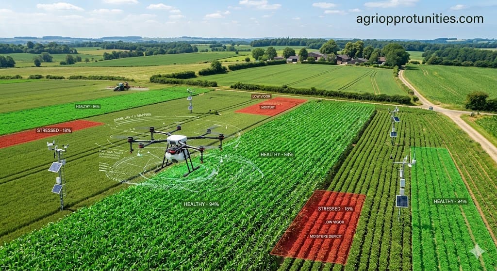 Crop monitoring application of agricultural robotics using sensors and drones for plant health
