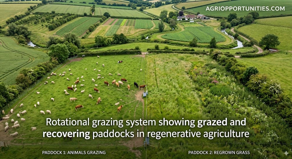 Rotational grazing system showing grazed and recovering paddocks in regenerative agriculture