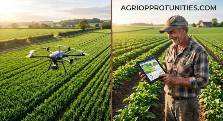 Split image showing a modern drone in flight over a field on the left, and a farmer holding a tablet displaying crop health maps on the right.