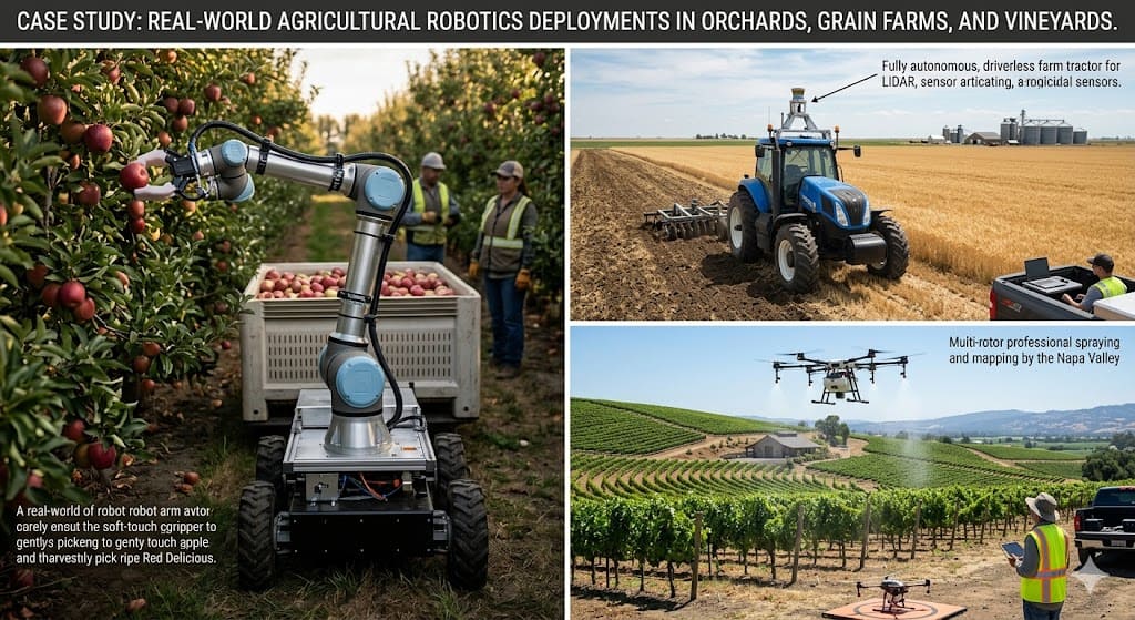 Real-world agricultural robotics deployments in orchards grain farms and vineyards