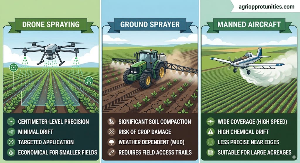 Three-panel comparison of spraying methods: left shows drone with centimeter-level precision and minimal drift, center shows ground sprayer causing soil compaction, right shows manned aircraft with wide coverage but high chemical drift.