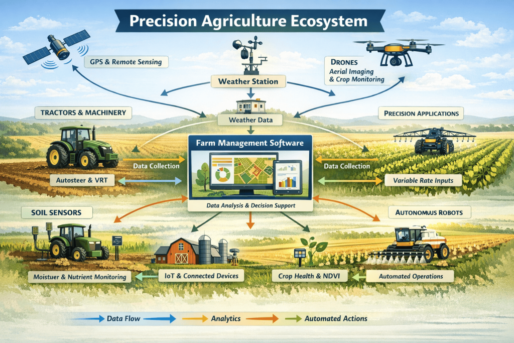 Infographic of the Precision Agriculture Ecosystem showing a farm with GPS-guided tractors using Autosteer and Variable Rate Technology (VRT), soil sensors monitoring moisture and nutrients, drones capturing aerial imaging for crop health and NDVI mapping, autonomous robots performing field operations, IoT-connected devices, and a central Farm Management Software dashboard integrating data, analytics, and automated actions. Arrows indicate data flow, analytics, and automated decision-making across the system."
This alt text is detailed, includes key entities and keywords like NDVI, VRT, Autosteer, IoT Agriculture, and FMIS, and improves accessibility and SEO