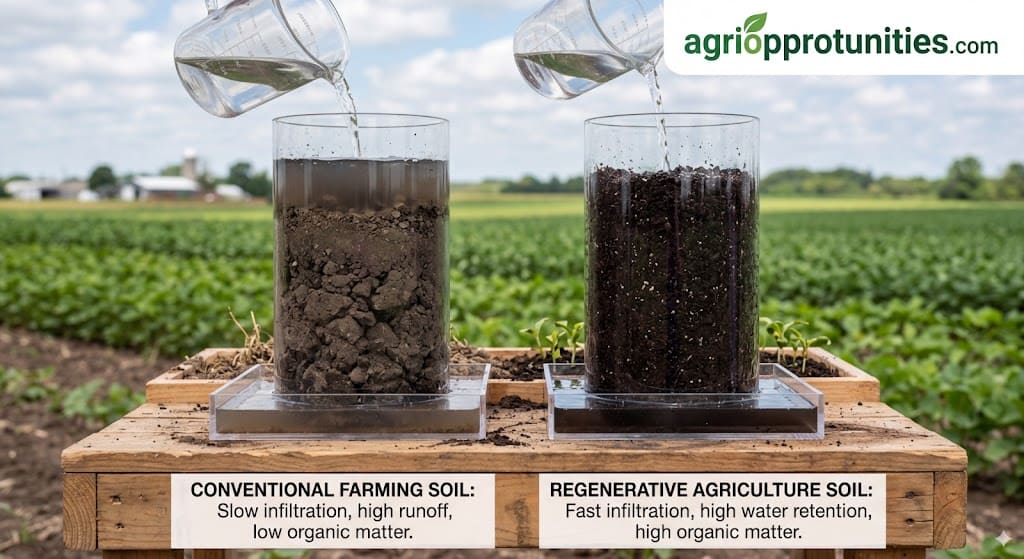 Water retention in soil comparison showing higher infiltration and absorption in regeneratively managed soil