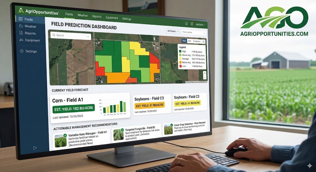 Farm management software dashboard displaying predictive yield forecasts with color-coded field zones, estimated bushels per acre, and actionable management recommendations.