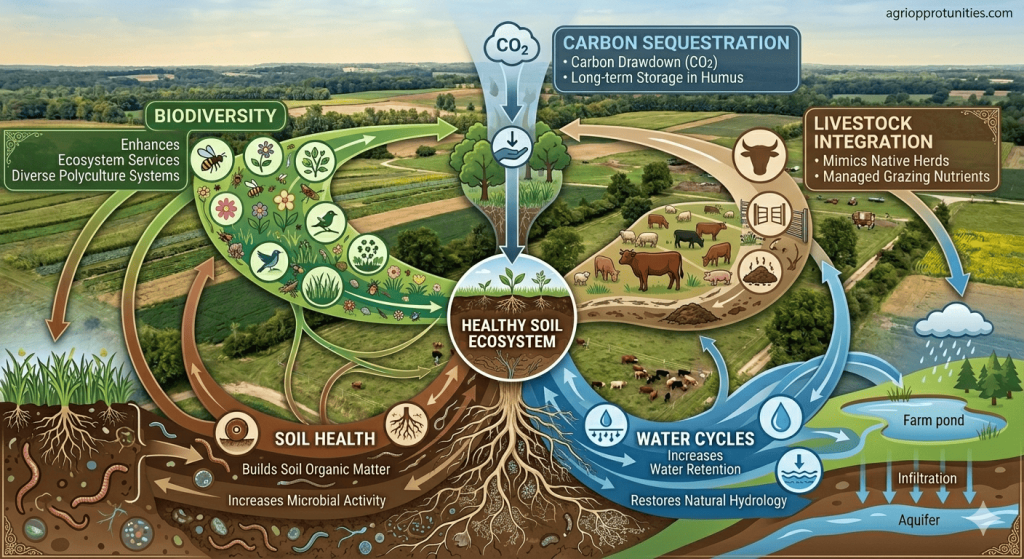Diagram illustrating regenerative agriculture principles including soil health, water cycles, biodiversity, and carbon sequestration