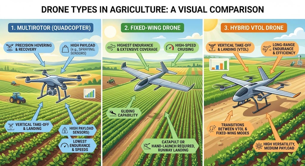 A side-by-side visual of three drone types: a multirotor (quadcopter) hovering, a fixed-wing drone in flight, and a hybrid VTOL on the ground. Use labeled arrows to highlight key differences.