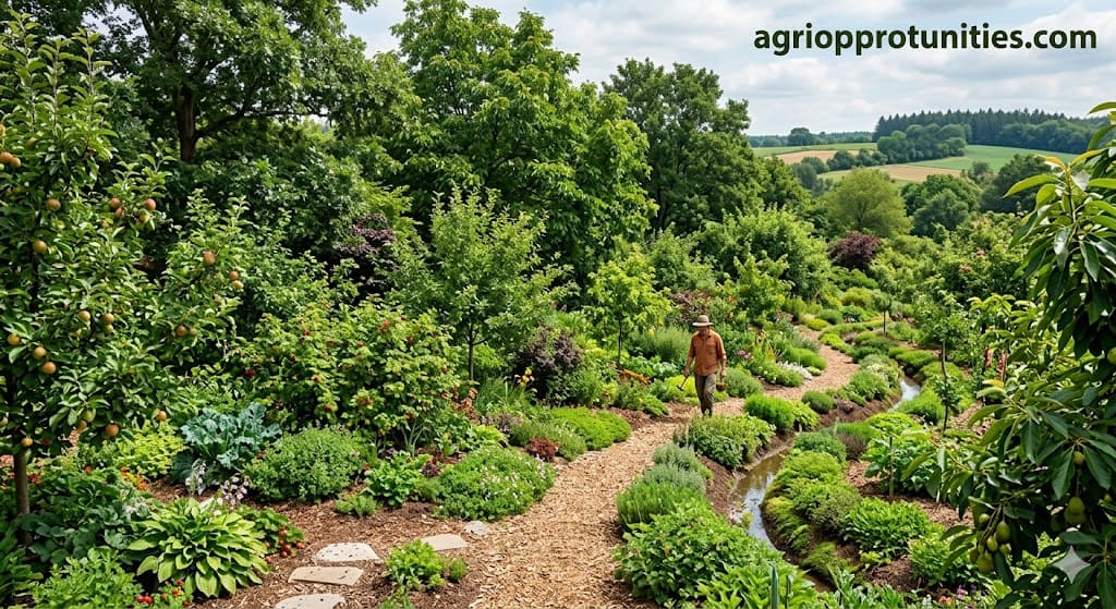 Permaculture farming food forest with diverse plant layers and integrated design for sustainable agriculture