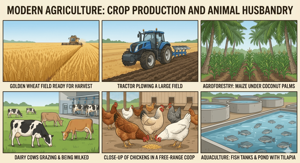 Tractor plowing wheat field for crop production and sheep grazing on pasture as part of animal husbandry