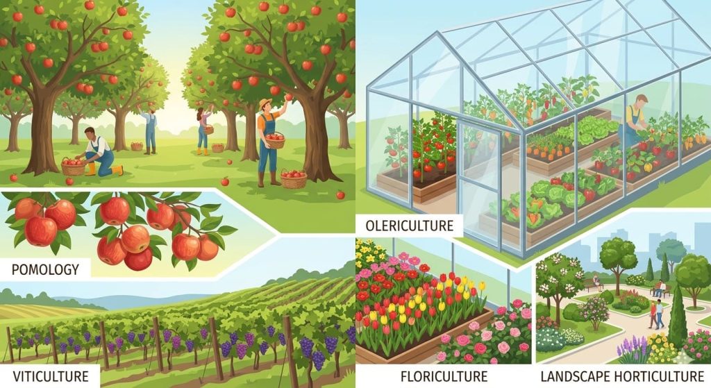 Apple orchard and greenhouse vegetables illustrating horticulture