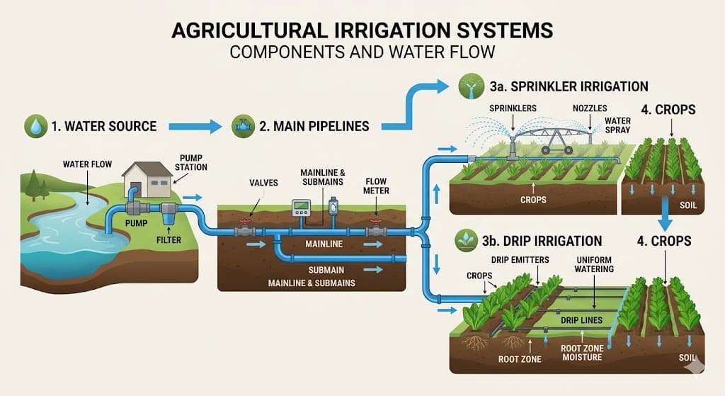diagram of agricultural irrigation systems components and water flow