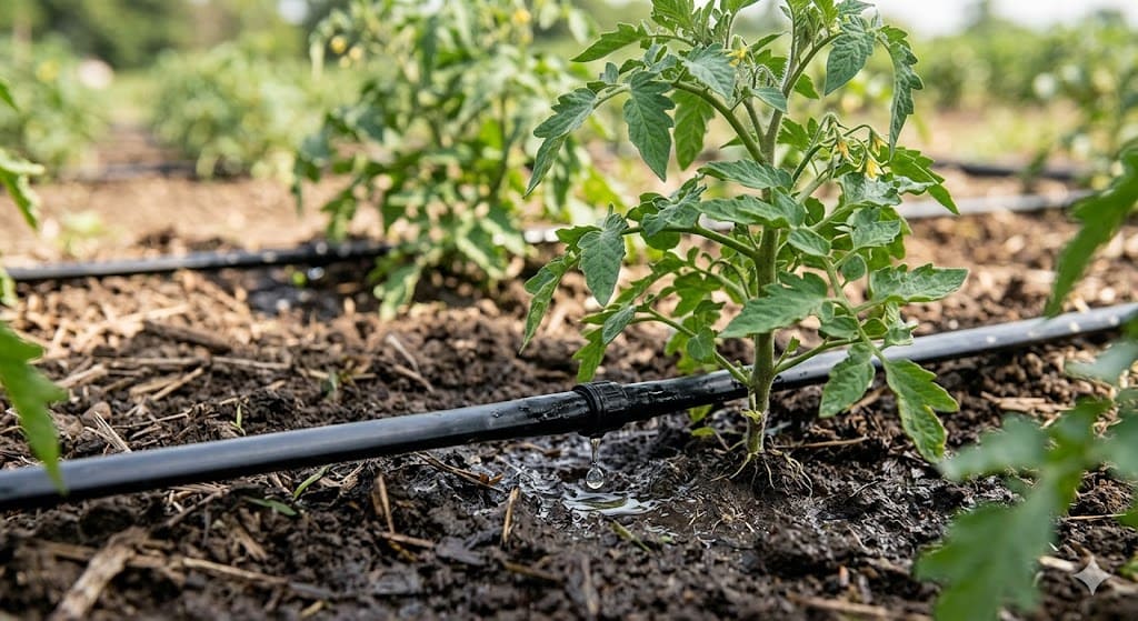 drip irrigation systems delivering water to tomato plant roots