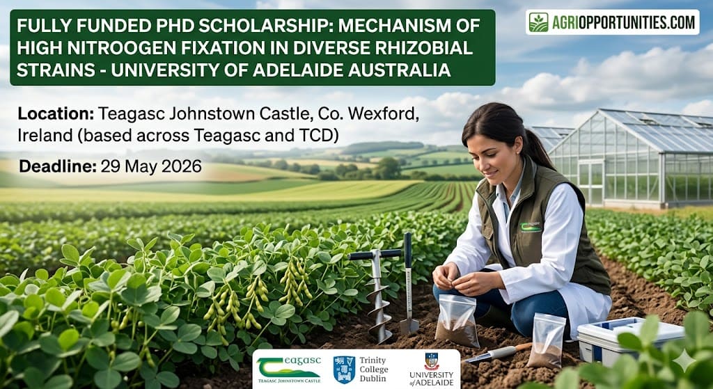 Applications are open for a PhD N2O Emissions Agriculture Ireland position at Teagasc Johnstown Castle and Trinity College Dublin. The project quantifies N2O emissions associated with cover cropping and organic manure management in Irish tillage systems.