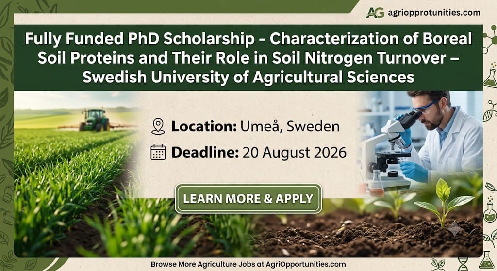 Applications are open for a PhD Soil Proteins Nitrogen Turnover Sweden position at SLU's Department of Forest Ecology and Management in Umeå. The project characterizes boreal soil proteins and their role in nitrogen cycling.