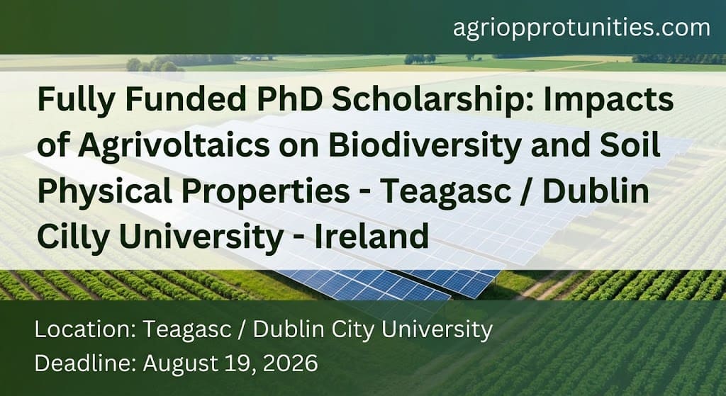 Fully Funded PhD Scholarship: Impacts of Agrivoltaics on Biodiversity and Soil Physical Properties - Teagasc / Dublin City University - Ireland