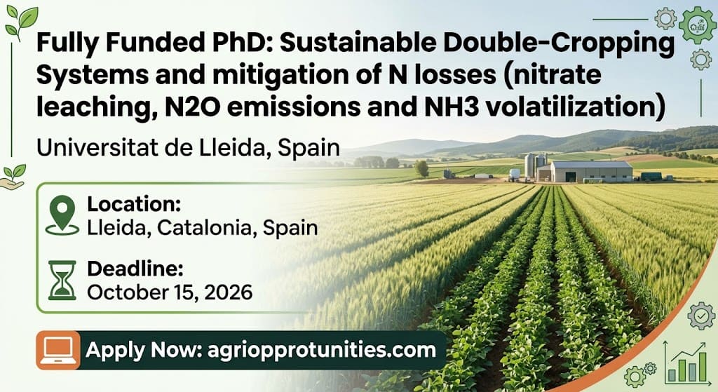 Fully Funded PhD: Sustainable Double-Cropping Systems and mitigation of N losses (nitrate leaching, N2O emissions and NH3 volatilization) - Universitat de Lleida, Spain