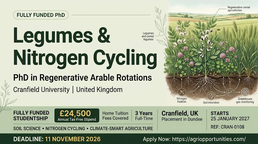 Fully Funded PhD Position: Legumes and Nitrogen Cycling in Regenerative Arable Rotations - Cranfield University, UK